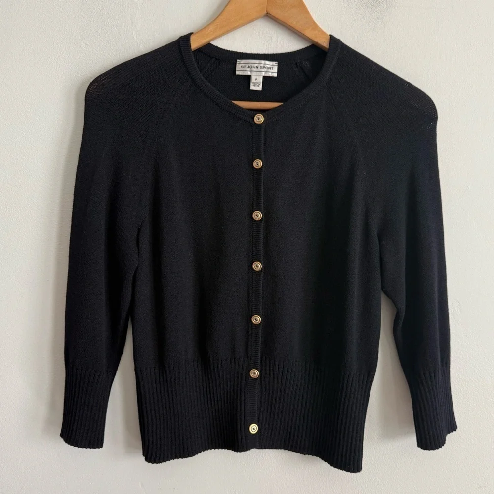 ST. JOHN SPORT SANTANA KNIT WOOL BUTTON DOWN NAVY BLUE CARDIGAN SWEATER SIZE XS